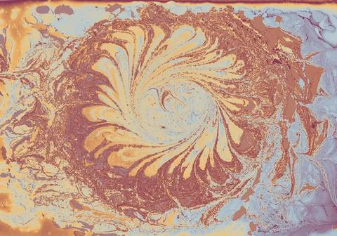 Abstract texture in ebru technique with a round figure and swirling elements 库存插图