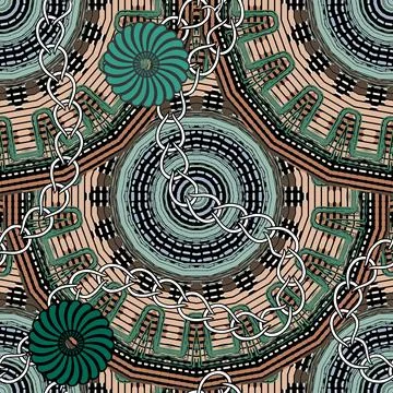 Abstract textured mandalas seamless pattern. Vector ornamental floral backgro Stock Illustration