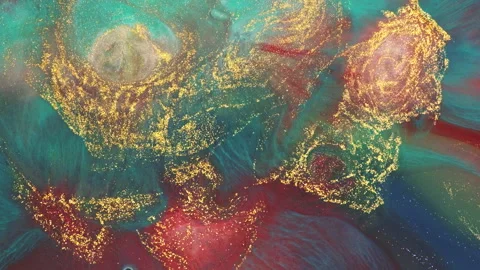 Abstract thick oil paint fluid motion with swirling gold particles rich textures Stock-Footage 331598860