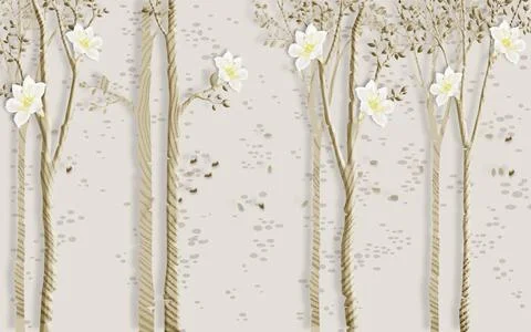 Abstract thin trees with large white flowers on a beige background Stock Illustration