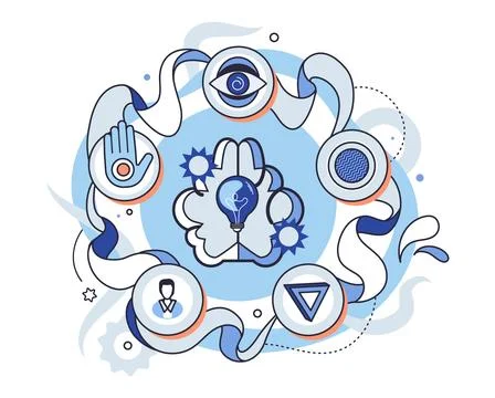 Abstract thinking. Central brain with light bulb surrounded by eye, hand, gea Illustrazione stock