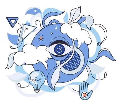 Abstract thinking. Central eye surrounded by clouds, geometric shapes, lightb イラスト素材