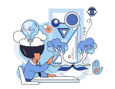 Abstract thinking. Person with open mind imagining trees light bulb and geome Stock Illustration