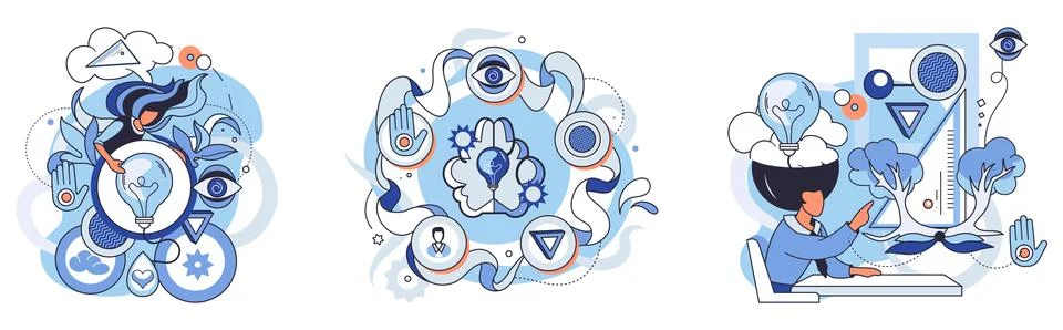 Abstract thinking. Three distinct scenes feature human brain, digital interac Stock Illustration
