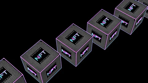 Abstract three-dimensional cube with the inscription nft rotates on a black back Stock Footage 150517494