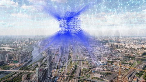 Abstract timelapse video over a metropolis, with a rotating 5G symbol made up of Stock Footage 285313607