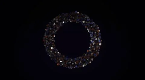 Abstract tiny small particles flying and creating one 3D ring isolated on black Stock Illustration