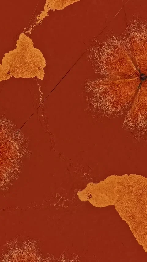 Abstract top down view of rust red liquid surface with orange foam patches and Stock Footage 348625342
