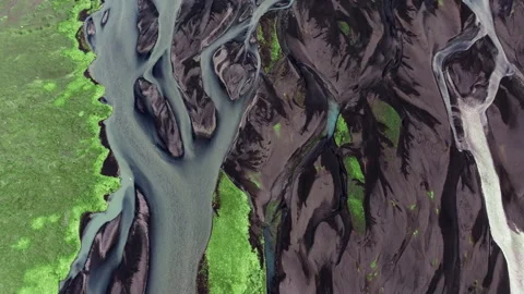 Abstract top drone view over sandur of glacial braided river delta in Iceland Stock Footage 340183295
