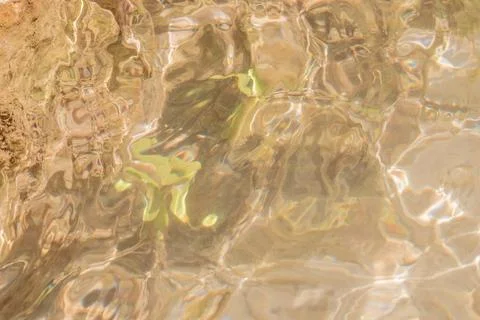 Abstract top view background of clear shallow sea water ripples over golden.. Stock Photos