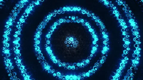 Abstract top view of glowing blue hexagonal rings pulsing on dark surface. Stock Footage 341315624
