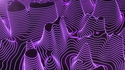 Abstract topographic 3D map of dangerous mountain terrain. Neon contour lines on Illustrazione stock