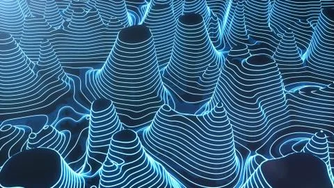 Abstract topographic 3D map of dangerous mountain terrain. Neon contour lines on Stock Illustration