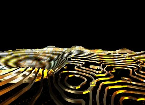 Abstract topographic map 3D background with shiny golden lines in sci-fi Stock Illustration
