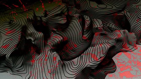 Abstract topographic map background with dark layered curves and vibrant red Stock Illustration