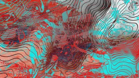 Abstract topographic map pattern with vibrant red, cyan, and gray overlapping Stock Illustration