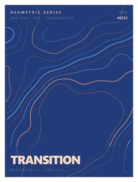 Abstract topographic map poster design with wavy flowing lines in blue style. Stock Illustration