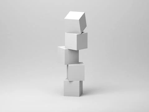 Abstract tower installation of five white cubes in an empty studio Illustrazione stock