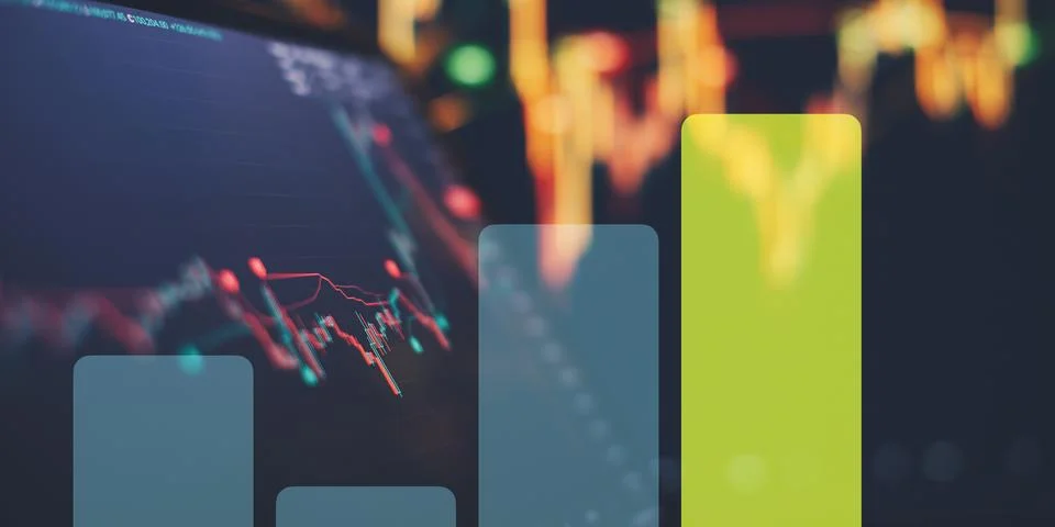 Abstract Trading Screen with Candlestick Chart and Colorful Market Trends i.. Stock Photos