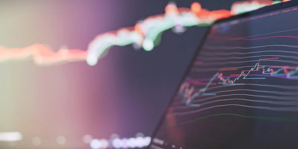 Abstract Trading Screen with Candlestick Chart and Colorful Market Trends i.. Stock Photos