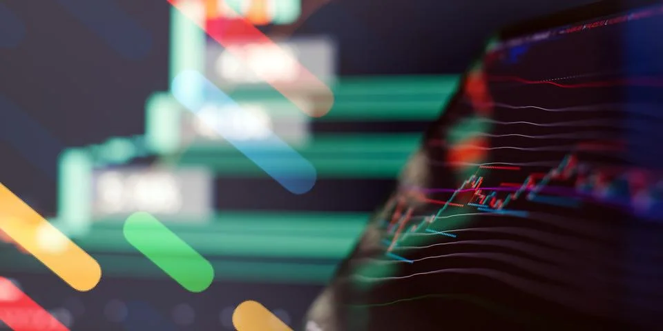 Abstract Trading Screen with Candlestick Chart and Colorful Market Trends i.. Stock Photos