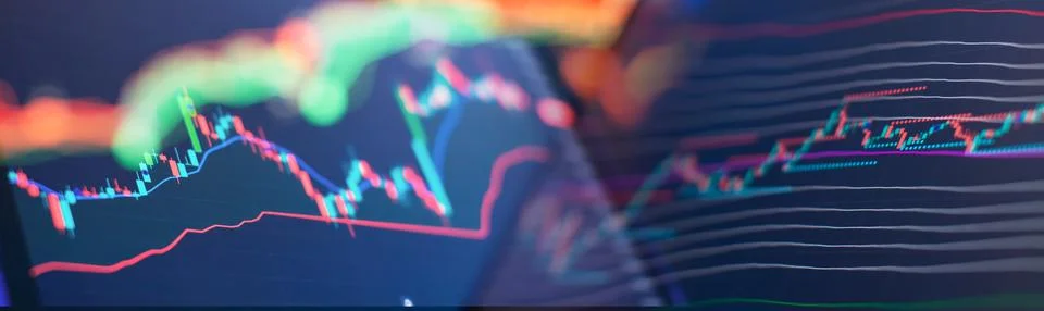 Abstract Trading Screen with Candlestick Chart and Colorful Market Trends i.. Stock Photos