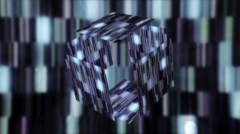 Abstract transforming 3d cube made of blue and turquoise tiles. Motion. Glowing Stock Illustration