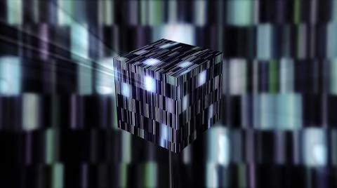Abstract transforming 3d cube made of blue and turquoise tiles. Motion. Glowing イラスト素材
