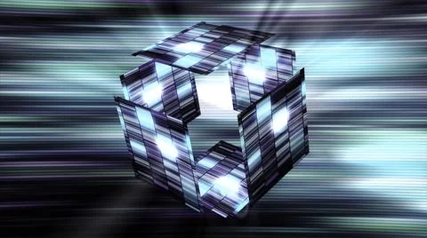 Abstract transforming 3d cube made of blue and turquoise tiles. Motion. Glowing Illustrazione stock