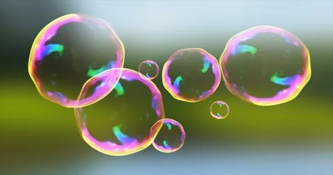 Abstract transparent soap bubbles flying up bright iridescent beautiful fes.. Stock Illustration