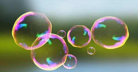 Abstract transparent soap bubbles flying up bright iridescent beautiful festi Illustrazione stock