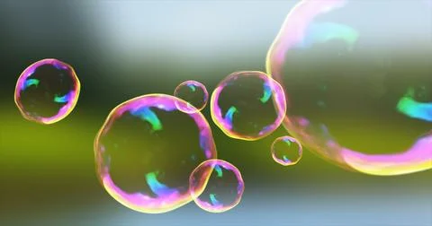 Abstract transparent soap bubbles flying up bright iridescent beautiful fes.. Stock Illustration