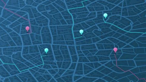 Abstract transportation background. Track navigation pins on street maps Stock Illustration