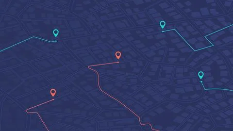 Abstract transportation background. Track navigation pins on street maps Stock Illustration