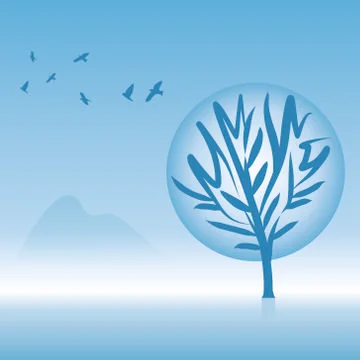 Abstract tree with birds on blue background Illustrazione stock