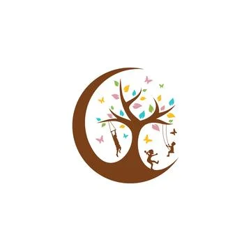 Abstract tree with cildren playing and colorful leaf Stock Illustration