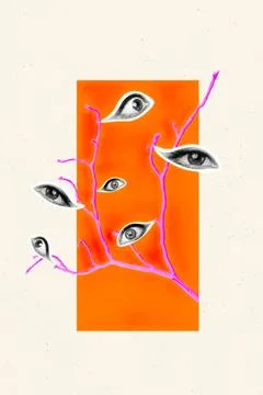 Abstract tree with eyes on the branches in orange background Stock Photos