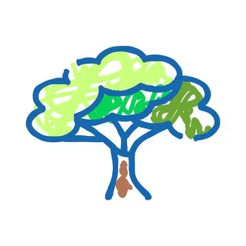 Abstract tree illustration with blue outline and green foliage Stock Illustration
