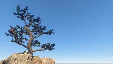 An abstract tree stands on a mossy rock against the blue sky. Bright light is Stock Footage 155665794