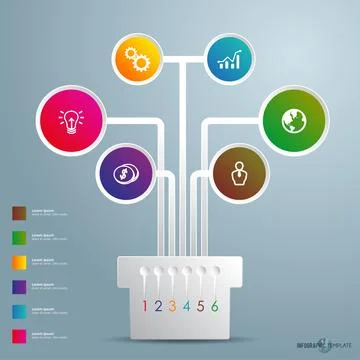 Abstract Tree Structure Infographic with Six Circular Nodes Stock Illustration