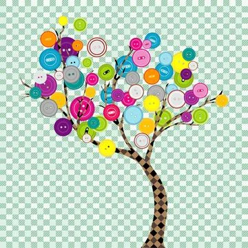 Abstract tree with textile trunk and leaves made of buttons Stock Illustration