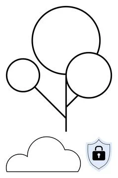 Abstract tree with three circular elements, cloud shape below, and security s Stock Illustration