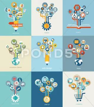 Abstract trees with icons for web design. Stock Illustration