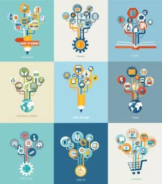 Abstract trees with icons for web design. Stock Illustration