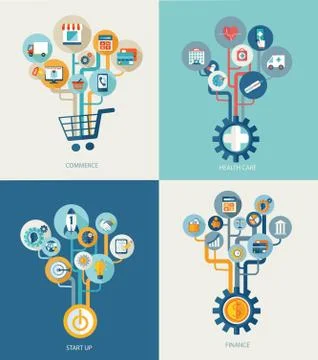 Abstract trees with icons for web design. Illustrazione stock