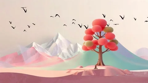 Abstract Trees Under Mountain Range: abstract minimalistic landscape Video stock 330320579