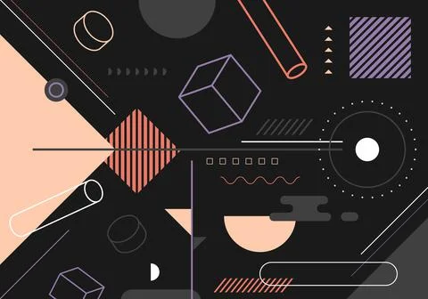 Abstract trendy elements simple 3D geometric forms pattern on black backgroun Stock Illustration