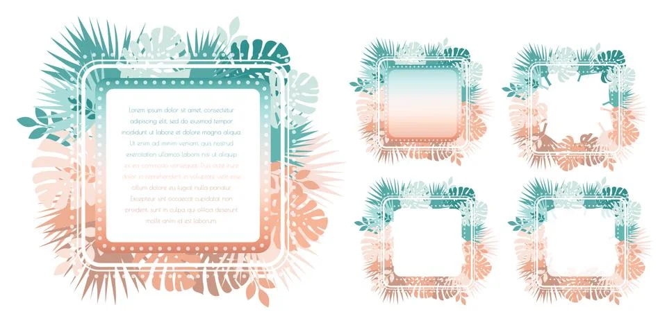 Abstract trendy template with gradient backgrounds and tropical leaves. Stock Illustration