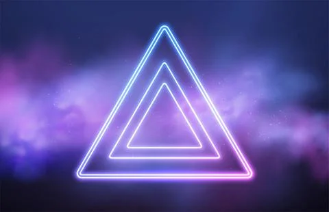 Abstract triangle neon frame on pink smoke background. Vector glowing light Illustrazione stock
