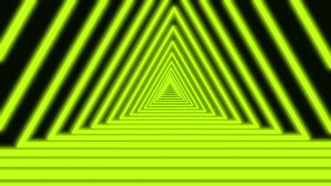 Abstract triangle tunnel composed of bright lime-yellow neon light lines. Black Stock Footage 131646728